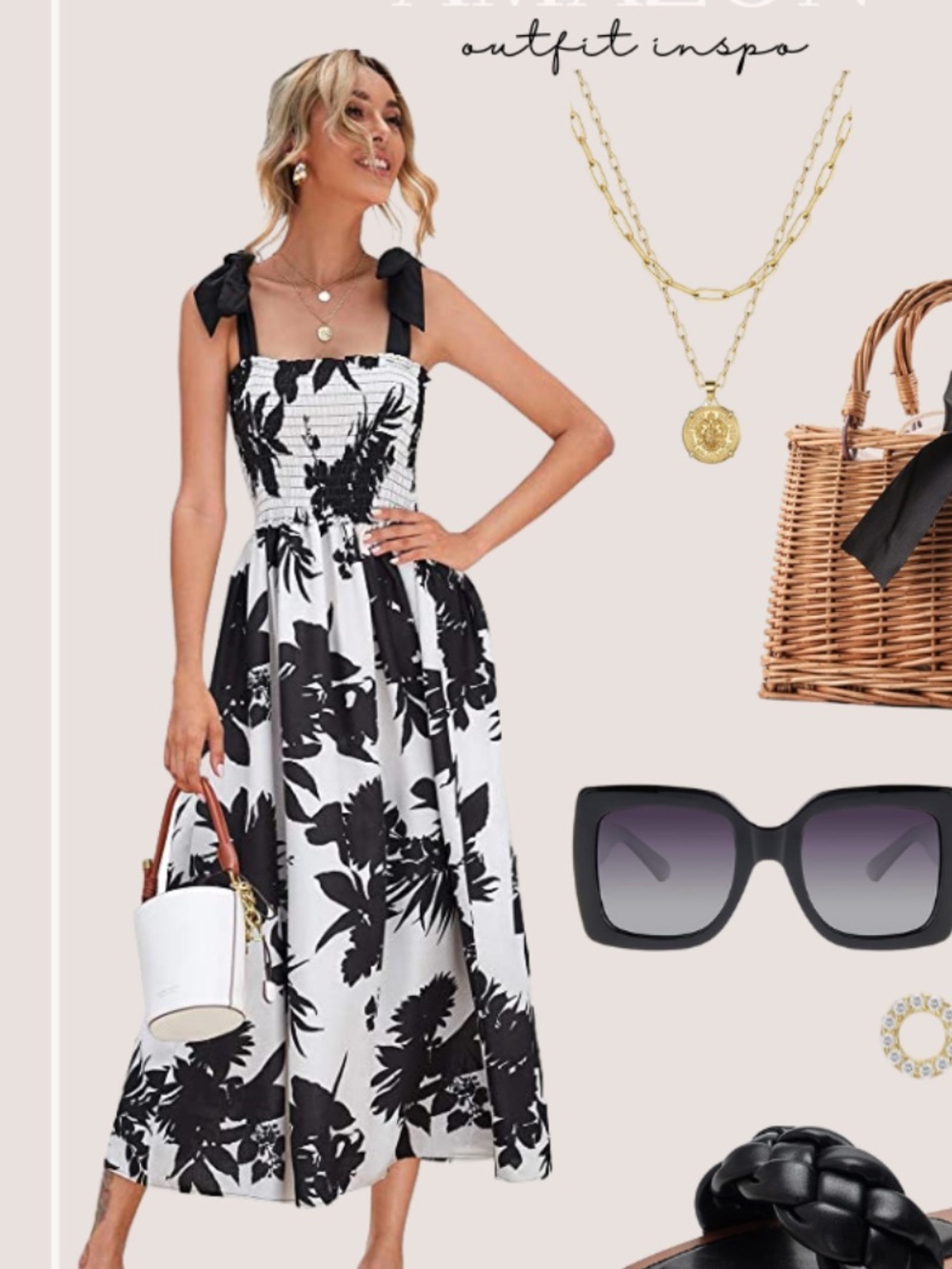 Zara black and white linen floral dress